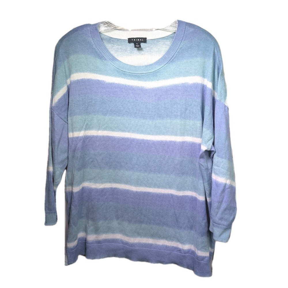 Tribal‎ Women's Shirt Large 3/4 Sleeve Blue Purple Striped Nautical Summer Ocean